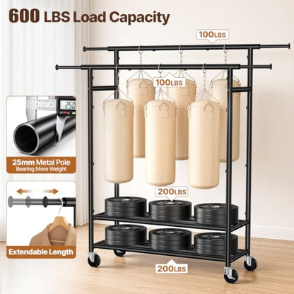 Heavy Duty Clothes Rack, Double Rod Garment Storage Organizer, Black - color: Black