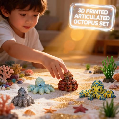 4Pcs 4in 3D Printed Octopus Set, Articulated Flexible Octopus Fidget Toy, 3D Printed Animals Desk Pets for Office, Sensory Stress Relief Sea Creature Toys for Kids & Adults, Easter basket essentials - color: 4pcs Octopus Set-a
