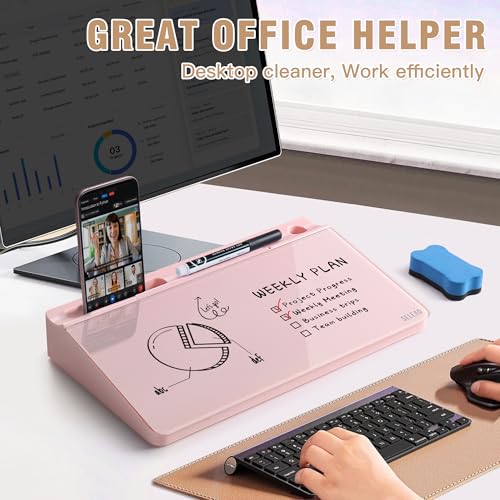 SELEAD Desktop Glass Whiteboard with Storage, 5 Markers and 1 Eraser, Pink - color: Pink, size: 12"x7"