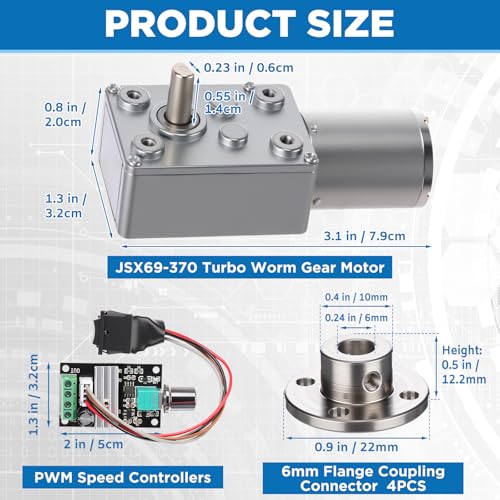 Copkim 6 Pack 12V 12rpm DC Turbo Worm Geared Motor Jsx69-370 and 6mm Flange Coupling Connector Rigid Flange Coupling and Pwm Speed Controllers for DIY Robotics Automation Smart Devices