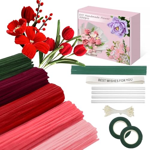 500 Pcs Pipe Cleaners Flower Kit,5 Colors Chenille Stems with Guide&Tools - color: Red
