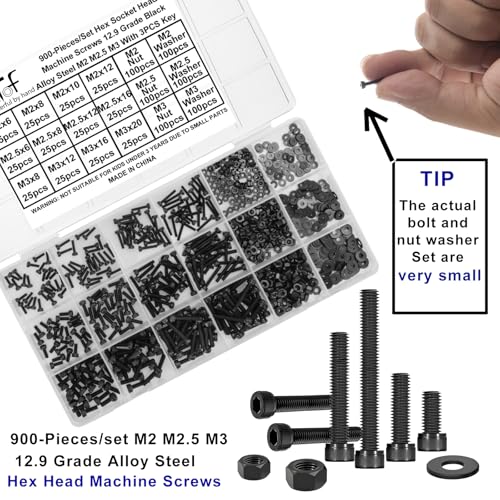 900Pcs Black Hex Socket Head Cap Screws Bolts Nuts Washers Assortment, Grade 12.9 Alloy Steel, Small M2 M2.5 M3 Allen Head Machine Bolts Nuts and Flat Washers Set, Fully Threaded, Come With Hex Wrench