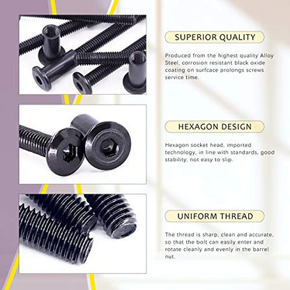 Swpeet 25Pcs M6x60mm Carbon Steel Black Hex Drive Socket Cap Bolts Barrel Nuts Assortment Kit with 1Pcs Allen Wrench, Screw Post Fit for Furniture Countsunk Belt Buckle Leather Binding Bolts - size: M6x60mm