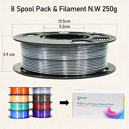 8 Spools Dual Color Silk PLA 3D Printer Filament Bundle, Silk White/Black, Red/Black, GoldBlack, PurpleBlack, Purple/Blue, Red/Gold, Green/Blue, Yellow/Pink, 1.75mm Bicolor Silk PLA 250gX8
