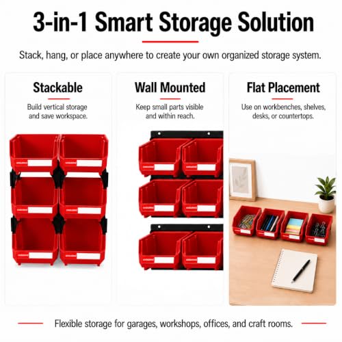 6 Pack Stackable Parts Bins, 5x4x3 in, Plastic Small Parts Organizer, Red - color: Red-6 Pack, size: 5"x4"x3"
