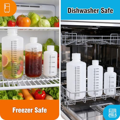 DEMORA 8oz Plastic Bottles with Airtight Caps for Liquids, Graduated Food Grade Plastic Containers, HDPE Thick Liquid Containers for Water Sample Medicine Laboratory Reagent (Translucent, 2 Pcs) - size: 8 ounces