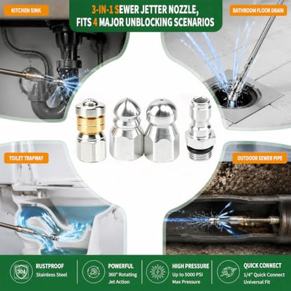 Sewer Jetter Nozzle Kit, 3 Pcs Stainless Steel Rotating Button Nose
