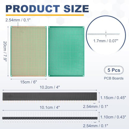 5Pcs 20x15cm PCB Prototype Board w 40-Pin Headers, Green - size: 20x15cm(2.54mm Pitch/1.5mm T)