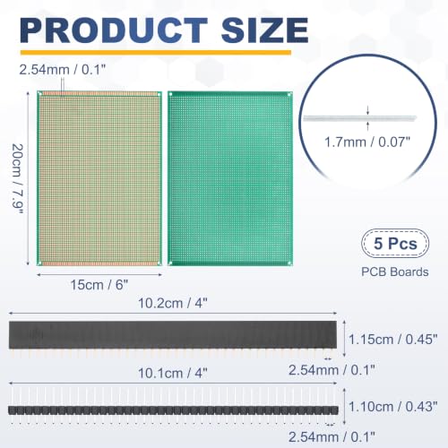 5Pcs 20x15cm PCB Prototype Board w 40-Pin Headers, Green - size: 20x15cm(2.54mm Pitch/1.5mm T)