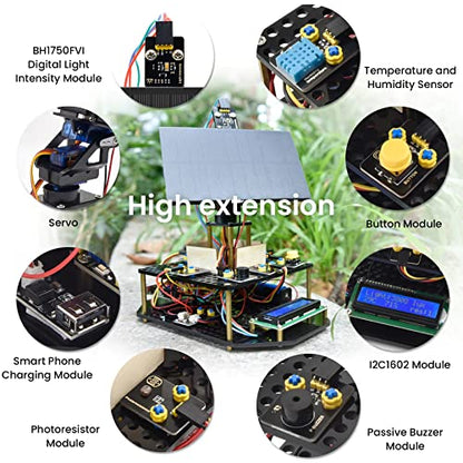 KEYESTUDIO DIY Solar Tracking Electronic Kit for Arduino, Smart Phone Charging, Temperature & Humidity Sensor, BH1750 Light Sensor, Educational Programming Kit for Teens & Adults 15+