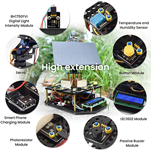 KEYESTUDIO DIY Solar Tracking Electronic Kit for Arduino, Smart Phone Charging, Temperature & Humidity Sensor, BH1750 Light Sensor, Educational Programming Kit for Teens & Adults 15+