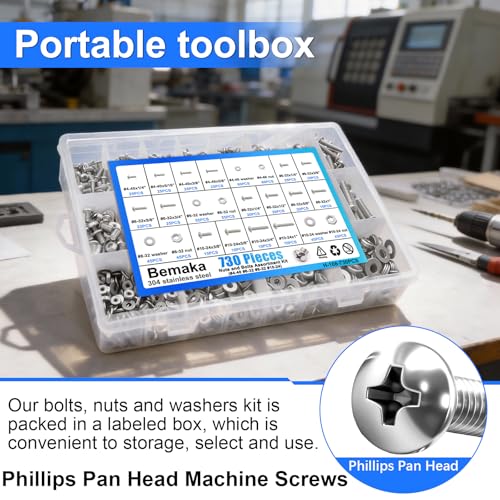 730Pcs Machine Screws Nuts and Bolts Assortment Kit, 304 Stainless Steel Bolts 16 Sizes #4-40#6-32#8-32#10-24 Phillips Pan Head Hardware Screws Assortment Kit with Nuts and Washers - size: SS #4 #6 #8 #10