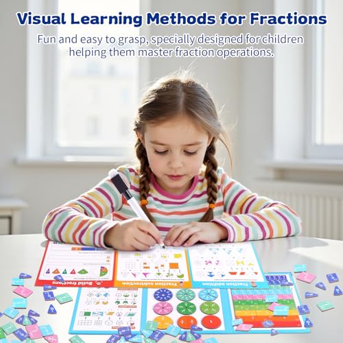 Magnetic Fraction Educational Puzzle, Magnetic Fraction Demonstration Book, Fraction Tiles & Circles, Montessori Math Manipulatives for Elementary School, Fraction Learning Toys for Kids - color: Three pages