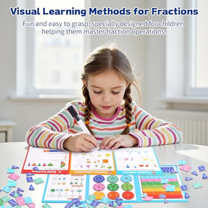 Magnetic Fraction Educational Puzzle, Magnetic Fraction Demonstration Book, Fraction Tiles & Circles, Montessori Math Manipulatives for Elementary School, Fraction Learning Toys for Kids - color: Three pages