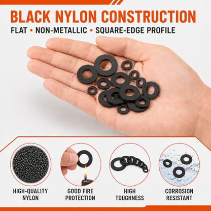 1200PCS Nylon Flat Washer Assortment Kit, 9 Metric Sizes M2-M12, Plastic Spacer Washers for Screws and Bolts, Organized Hardware Kit for Electronics, Appliances, Furniture and DIY Repair