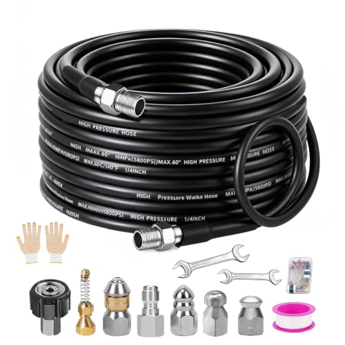 Sewer Jetter Kit for Pressure Washer 50FT, 5800PSI Drain Cleaner Hose 1/4 Inch NPT Corner Rotating and Button Nose Sewer Jetting Nozzle,Sewer Jetting Nozzles Kit with Spanner (50FT) - size: 50FT