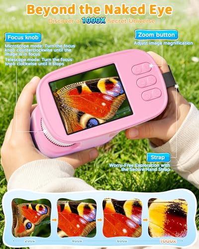 1000X Handheld Microscope for Kids, 4K Digital Kids Microscope Science Kits - color: Pink