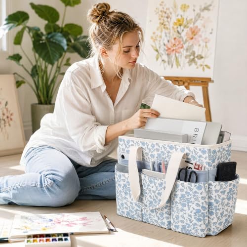 Floral Quilted Craft Storage Tote Bag Sturdy Art Supply Organizer - color: Blue Floral