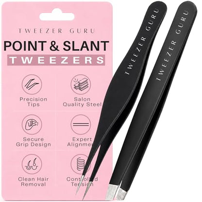 Tweezer Guru Ingrown Hair Tweezers - Pointed Precision Tweezers for Eyebrows & Ingrown Hair Removal - Blackhead and Splinter Tweezer with Sharp Needle Nose Point (2 Piece Set, Black (Point+Slant)) - color: Black