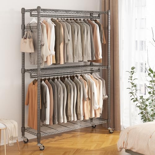 BATHWA Clothes Racks for Hanging Clothes, 25 mm tube Heavy Duty 47.3"W x 17.7"D x 80.7"H Large Wardrobe Rack with Shelves & Wheels Rolling Multifuctional for Bedroom Laundry Walk-in Closet Organizer - color: Gray, size: Large