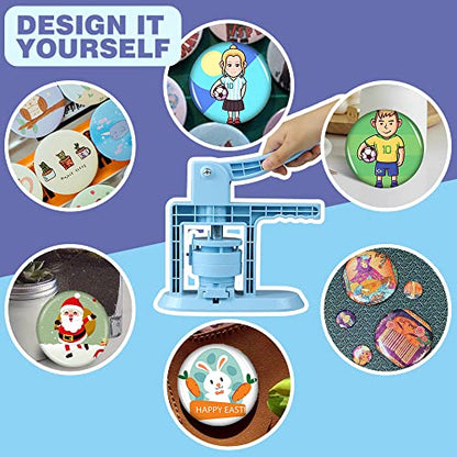Happizza Button Maker Machine Multiple Sizes (4th Gen), Pin Maker 1+1.25+2.25 inch / 25+32+58mm, Badge Button Press Machine with Cutting Mat & 300 Sets Badge Making Supplies & Circle Cutter - size: Blue 1+1.25+2.25 inch (300 sets)