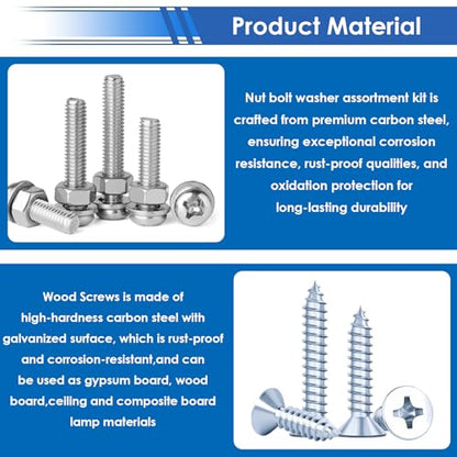smseace 453Pcs Wood Screws with Nuts and Bolts Assortment Kit 21-Sizes M3/M4/M5/M6 Nut Bolt Washer Assortment Kit 6 Sizes Drywall Screws for Machinery, Furniture, Automotive, Motorcycle Repairs