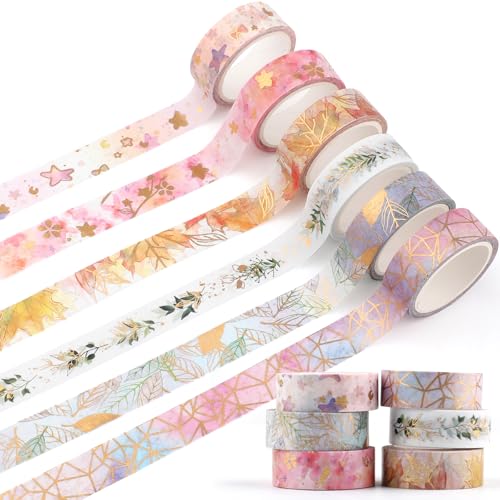 6 Rolls Gold Floral Washi Tape Set,15mm Gold Foil Colored Floral Pattern Decorative Tape,Decorative Masking Tapes for DIY Scrapbook Design Journaling Handbook Making Card Wrap Craft Gift(16.4ft) - style: Golden leaves