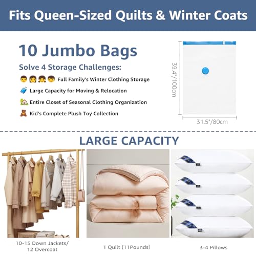 BoxLegend 10 Jumbo Vacuum Storage Bags with 1500mAh USB Electric Pump 31.5’’x39.37'' Thickened Vacuum Seal Bags for Large Down Jackets Comforters Bedding & Pillows Clothing Space-Saving Home Storage - size: 10 Jumbo - Electric Pump