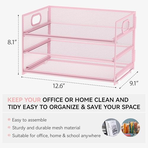Subekyu 3 Tier Paper Letter Tray Organizer for Desk, Pink Metal Mesh File Folder Sorter Organizer with Handle and 1 PC Sliding Tray for Home Office School Desk Supplies Organization Storage - color: Pink, size: 12.6" x 9.1" x 8.1"