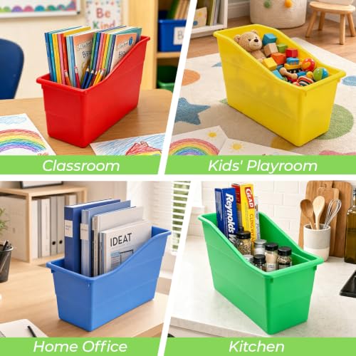 12 Pack Book Bins for Classroom Stackable Plastic Storage with Labels - color: Rainbow