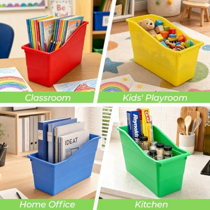 12 Pack Book Bins for Classroom Stackable Plastic Storage with Labels - color: Rainbow