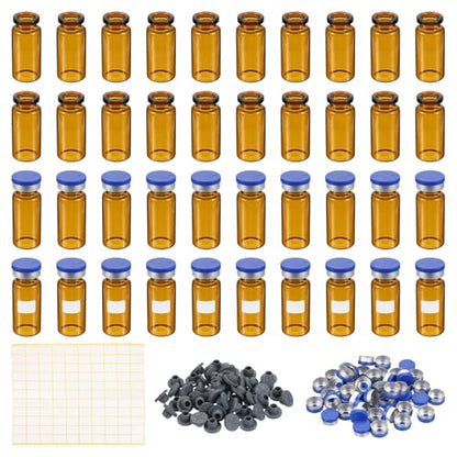 PATIKIL 10ml Sample Vials, 100 Pack Lab Empty Vials with Butyl Rubber Stopper Crimp Top Caps and Labels Borosilicate Glass Vial, Amber - color: Amber, size: 10ml