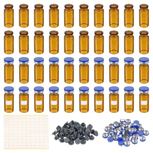 PATIKIL 10ml Sample Vials, 100 Pack Lab Empty Vials with Butyl Rubber Stopper Crimp Top Caps and Labels Borosilicate Glass Vial, Amber - color: Amber, size: 10ml