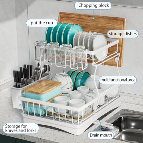 7 code 2-Tier Large Dish Drying Rack for Kitchen Counter, White - color: White