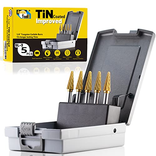 SL-3 5pcs Tungsten Carbide Burr TiN Rotary File Taper Shape with Radius End Double Cut with 1/4" Shank for Die Grinder Drill Bit - style: 5pcs SL-3 TIN