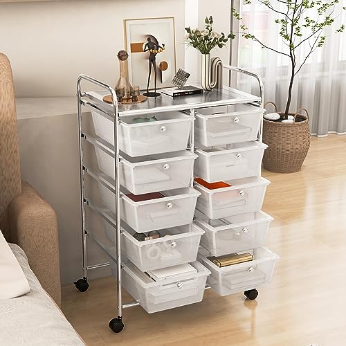 COSTWAY 10 Drawer Rolling Storage Cart, Utility Cart with Lockable Wheels - color: Transparent, size: 10 Drawer