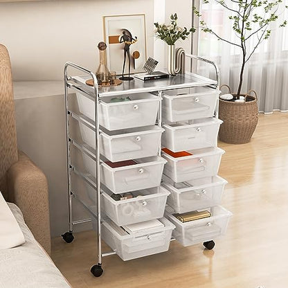 COSTWAY 10 Drawer Rolling Storage Cart, Utility Cart with Lockable Wheels - color: Transparent, size: 10 Drawer
