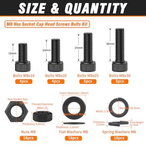 12.9 Grade M8 Screws Assortment Kit, 72pcs Bolts and Nuts Washers Set - size: M8 Bolts and Nuts Washers 16-30mm