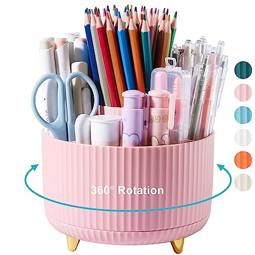 360 Degree Rotating Desk Pen/Pencil Holder, 5-Slot Organizer, Cute Pink Desk Accessory - color: Elegant Pink