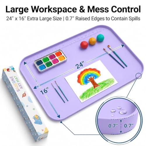 24"x16" Silicone Mats for Crafts with 0.7" High Edges, Large Leak-Proof Art Mat for Resin, Painting, Clay, Slime, Non-Stick & Non-Slip Table Protector for Kids & Adults, Easy to Clean (Lavender) - color: Lavender