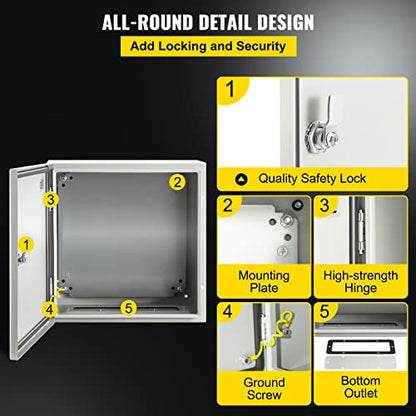 VEVOR NEMA Steel Enclosure, 16 x 16 x 8'' NEMA 4X Steel Electrical Box, IP66 Waterproof & Dustproof, Outdoor/Indoor Electrical Junction Box, with Mounting Plate - size: 16 x 16 x 8