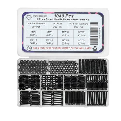 1040Pcs M3 Screw Kit, Hex Socket Head Cap M3 Screws, M3 Bolts Nuts Washers - color: Black, size: Black M3--1040 Pcs