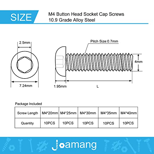 M4 x 20mm 25mm 30mm 35mm 40mm Button Head Socket Cap Screws Bolts, 10.9 Grade Alloy Steel, Black Oxide Finish, Metric Allen Hex Drive, Fully Threaded, Assortment Kit 50Pcs - size: Button M4x20-40 mm