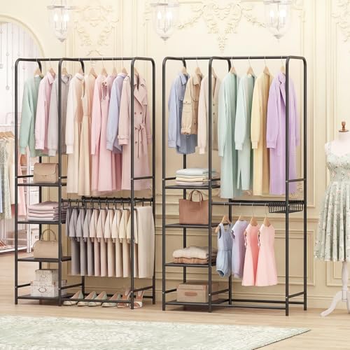 GIANTEX Clothes Rack with Pants Hangers, Heavy-Duty Metal Clothing Rack with 2 Hanging Rods & 4 Storage Shelves, Freestanding Garment Racks, Closet Organizer for Bedroom, Cloakroom (Black) - color: Black