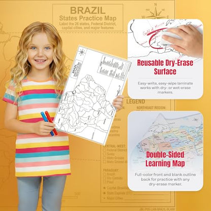 Brazil Map Poster 11x17 | Laminated Double-Sided Geography Chart with Color Map Front & Blank Outline Back | Reusable Classroom & Homeschool Learning Tool - color: Brazil