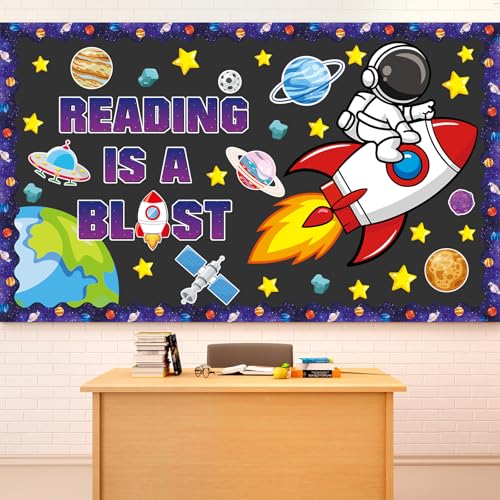 Outer Space Astronaut Bulletin Board Decorations Space Theme Classroom Bulletin Board Set Galaxy Borders Reading is A Blast Adventure Star Cutouts Back to School Preschool Chalkboard Wall Supplies - style: Outer Space
