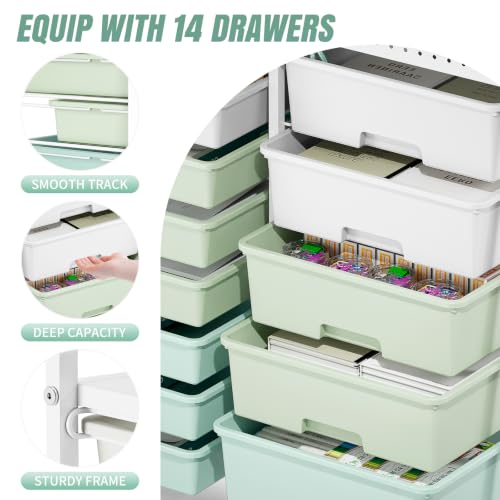 14 Drawer Rolling Storage Cart with Tabletop and Pegboard for Crafts Green - color: Green
