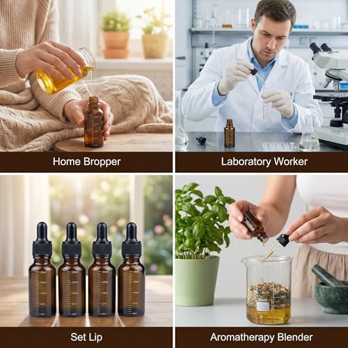 ericotry 3 Pcs 10ml 0.34oz Empty Refillable Amber Glass Graduated Dropper Bottle Essential Oil Cosmetics Elite Fluid Container Jar Pot Holder with Glass Pipette Dropper - size: 10 ml