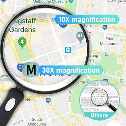 10X 30X Handheld Magnifying Glass for Reading, Upgrade 110mm Large Magnifying Glass with Non-Slip Handle, Scratch Resistant Lens, Magnifiers for Close Work Reading Newspaper Hobby Observation(4.3in)