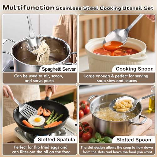 3 Pcs Stainless Steel Cooking Utensils Set, Heat Resistant Kitchen Utensils, Metal Kitchen Tools Include Solid & Slotted Spoon, Pasta Server, Ergonomic Handle, Dishwasher Safe, Easy to Clean, Silver - color: G. 3 Pieces